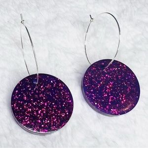 Sparkling Purple Glitter Resin Circle Disc Pendant Hoop Earrings
